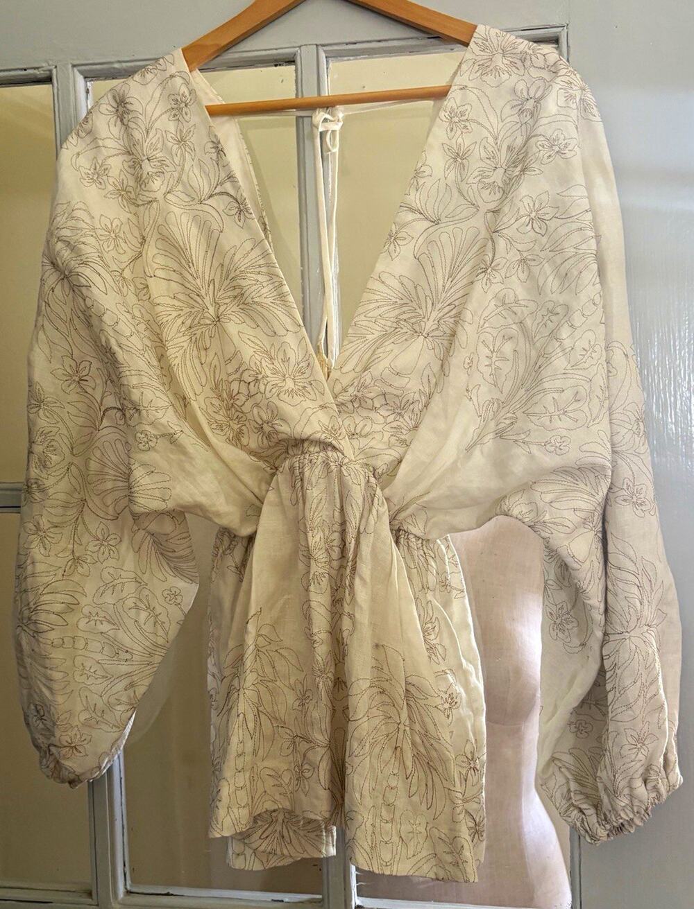 Eugenia Fernandez Linen Blouse Large Ivory Floral Open Back Tie Boho Colombia